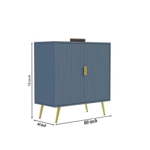 Image of Wooden Fluted Design Storage Cabinet with 2 Doors | Modern Sideboard Cabinet for Living Room, Bedroom & Entryway | Multipurpose Organizer Cupboard | HDMR Premium Wood | Gold Metal Legs (Aqua Blue)