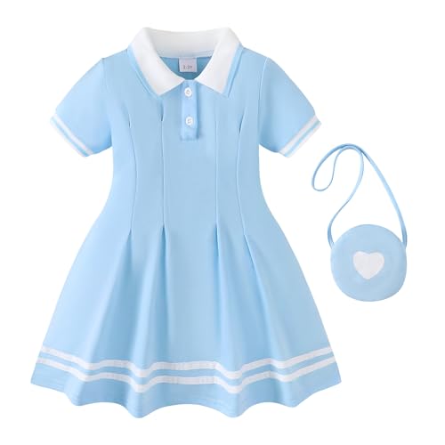 Renotemy 18 Months Toddler Girl Dress Summer Clothes Outfits 18-24 Months Girls Gifts Blue Sport Tennis Golf Short Sleeve Button Polo Dresses Cotton Back to School Uniform Party Dress Set with Bag