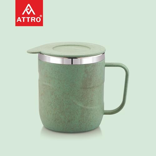 Image of ATTRO Brew Mug - Stainless Steel Inner with eco Friendly Outer Body Durable & Stylish, Microwave Safe Coffee /Tea Mug with Handle & Lid, Ideal for Home, Office, Travel & Gifting - 300ml - Pastel Green