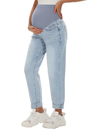 Peauty Maternity Jeans for Women Maternity Pants Over Belly Boyfriend Pregnancy with Pockets Plus Size Clothes Postpartum Straight Leg Sweatpants Jeans(Blue 16)