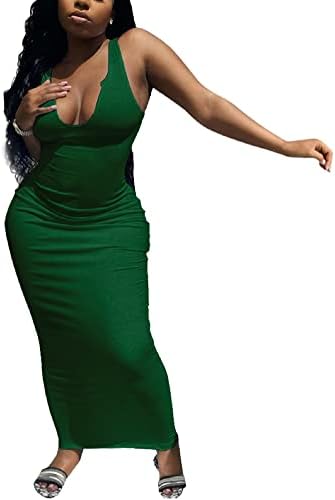 Women's Sexy Summer Casual Slit Scoop Neck Ottoman Rib Club Beach Basic Long Bodycon Maxi Tank Dress Sun Dresses Green S