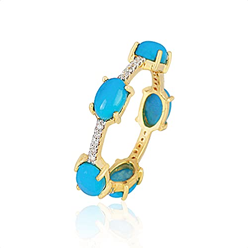14k Yellow Gold Blue Turquoise Gemstone Eternity Band Ring For Women - 2.47 Carat Genuine Turquoise Gemstone Brilliant Cut Diamonds 0.14 Carats Designer Fine Rings For Women U