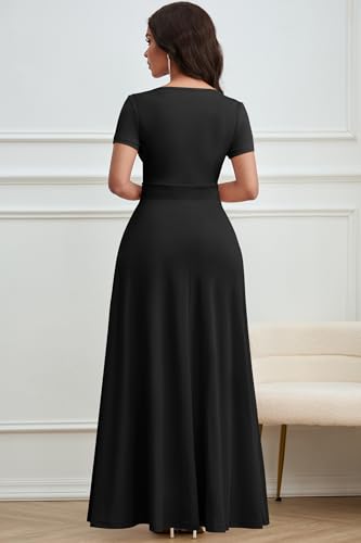 Image of CLOCOR Maxi Dress for Women Long Summer Short Sleeve Evening Formal V Neck A Line Dresses Wedding Guest Empire Waist Elegant