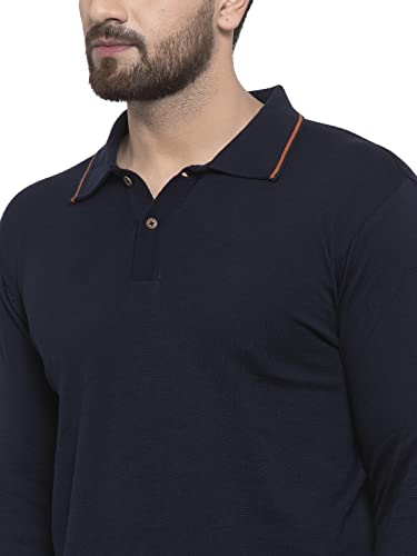 Image of Kalt Mens Basic Solid Full Sleeves Polo Cotton Blend Knitted Regular Fit Polo-Neck T-Shirts with Collar Stylish