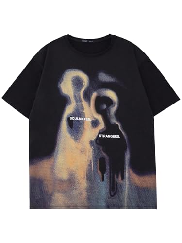 QJQ Men's Oversized Graphic T Shirts Short Sleeve Crewneck Tees Casual Summer Vintage Streetwear Tops Black Large