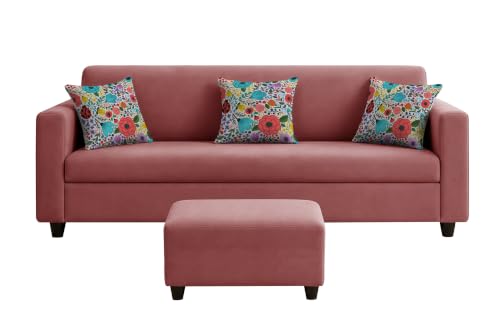 Image of Rosebell 3 Seater Sofa with Ottoman | Living Room Couch | with Printed Cushions | Sofa for Home, Apartment & Office-Rose Pink Color