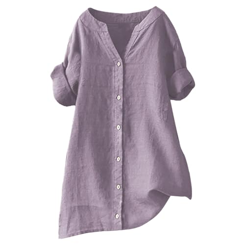 Trendy Women's Linen Tops Solid Color 3/4 Sleeve Plus Size Blouses