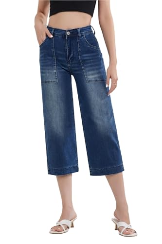 ZMTUO Women's High Waisted Wide Leg Capri Jeans Stretchy Denim Cropped Pants with Utility Pockets Comfort Fit (US, Alpha, X-Large, Regular, Regular, Blue)