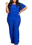 ANICECUT Plus Size 2 Piece Sets for Curvy Women Sexy Summer Short Sleeve Tops Casual Wide Leg Pants Sets Sweatsuits Blue XL