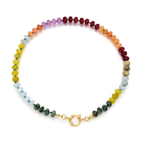 Beaded Gemstone Necklace for Women, Colorful Rainbow Choker, Boho Natural Stone Summer Beach Handmade Jewelry