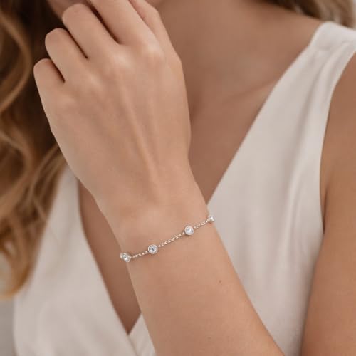 Image of 925 Sterling Silver Adjustable Bracelet for Women | Radiant Solitaire, Evil Eye & Charm Design | Elegant Stylish Fine Jewellery Gift for Girls & Ladies