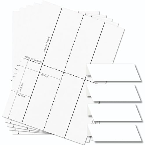 OfficeGear Tarjetas de tienda de campaña de 4 en adelante (25 hojas, 100 tarjetas) de 52 x 148 mm, perforadas, imprimibles, plegables, tarjetas de nombre, 170 g/m², para conferencias, exposiciones,