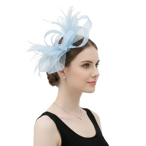 Litter Star Fascinators Headband with Feather Womens Tea Party Hat for Derby Events Cocktail Wedding Fancy Dress Party (Mesh-Light Blue)