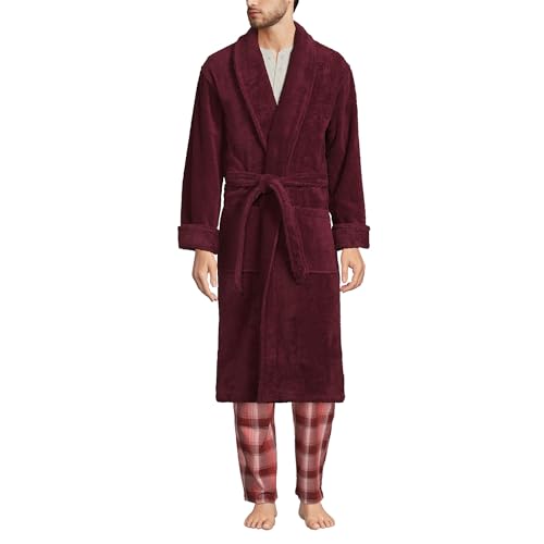 Lands' End Men's Full-Length Turkish Cotton Terry Bathrobe – 55" Length | Plush, Absorbent, 2 Pockets, Spa Comfort Medium Tall Rich Burgundy