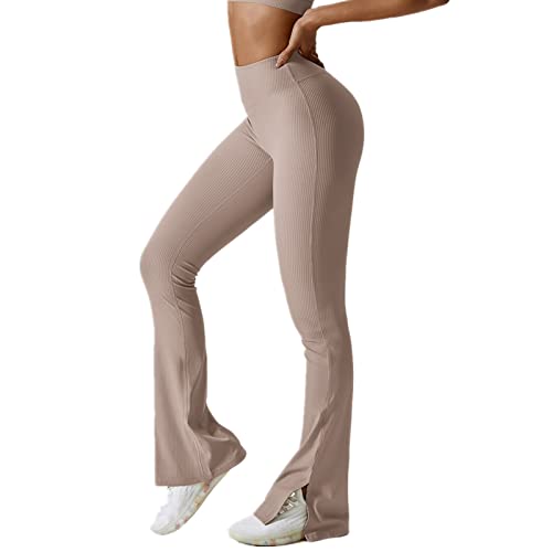 Abociw Flared Leggings For Women Seamless Ribbed Bootcut Yoga Pants Tummy Control High Waisted Slit Hem Flare Bootleg Workout Leggings Casual Work Trousers Exercise Khaki Large #TOP26