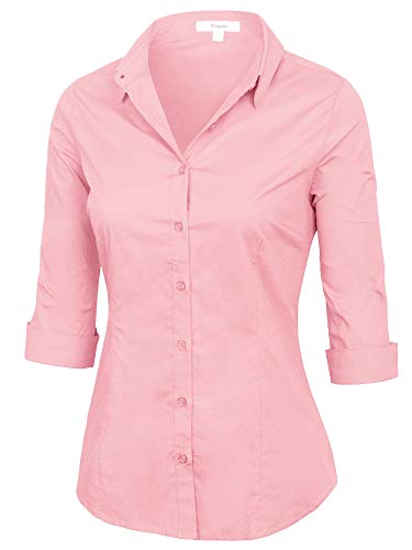 KOGMO Womens Classic Solid 3/4 Sleeve Button Down Blouse Dress Shirt (S-3X)-L-Pink - Thumbnail 2