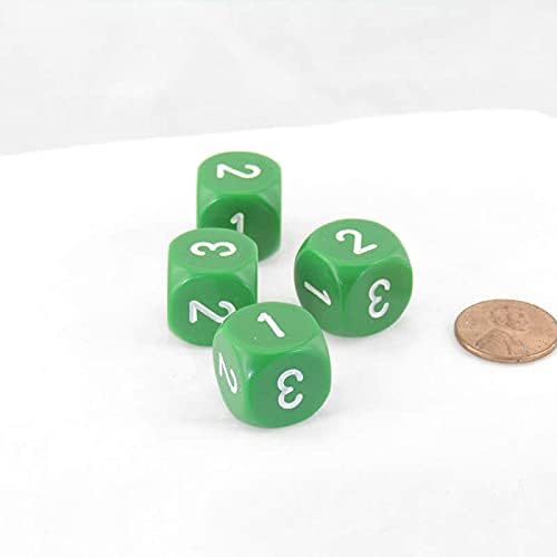 Green Opaque Dice with White Numbers D3 (D6 1-3 Twice) 16mm (5/8in) Pack of 4 Wondertrail