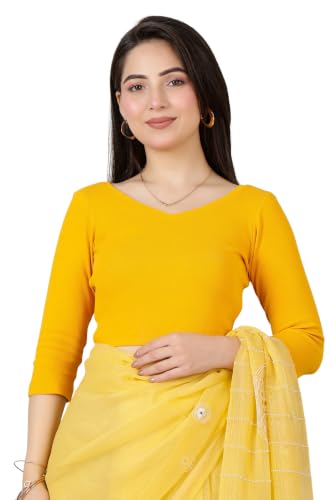 Image of Mlada V-Neck Stretchable Saree Blouse Top for Women | Slim Fit 3 /4th Sleeves Solid Cotton Blouses | Readymade Saree Blouses for Women Festive & Ethnic | Blouse Crop Top