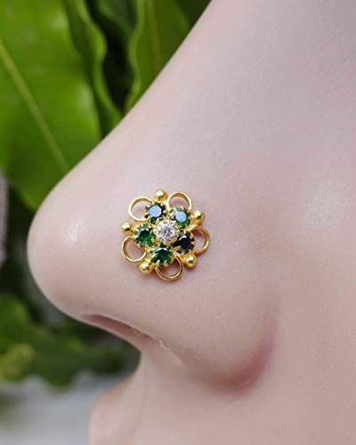 Emerald Stone Piercing,Bling Nose Ring,Flower Piercing,Crystal Piercing,Crystal Flower Stud,Gold Nose Ring,White Gold Nose Ring,CZ Simulated Diamond Piercing,Monroe Nose Stud,Crock Screw Stud(TEJ395)