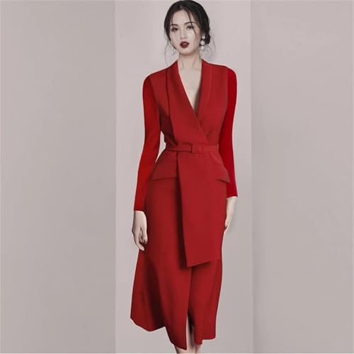 Adhdyuud Women Notched Collar Party Bodycon Dress Slim Fit Long Sleeve Office OL Belt Midi Dresses2