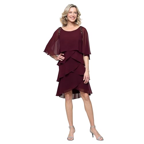 Image of S.L. Fashions Women's Tiered Chiffon Cocktail Party Dress with Attached Cape & Beaded Shoulders (Petite and Regular Sizes)