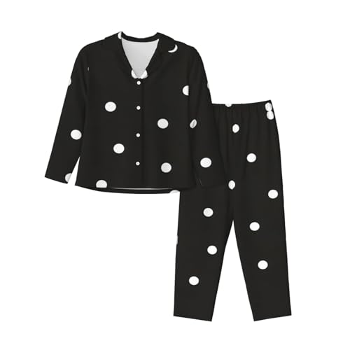Pyjama à manches longues imprimé pois noirs et blancs avec taille élastique