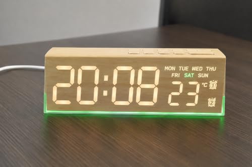 Image of 7 inch Digital Alarm Clock with LED Display, Dual Alarms & Soft Bottom Light, Displays Time, Date, Day, Temperature, 12 /24 Hour Format, Adjustable Brightness, Desk /Table Clock for Home (W Green)