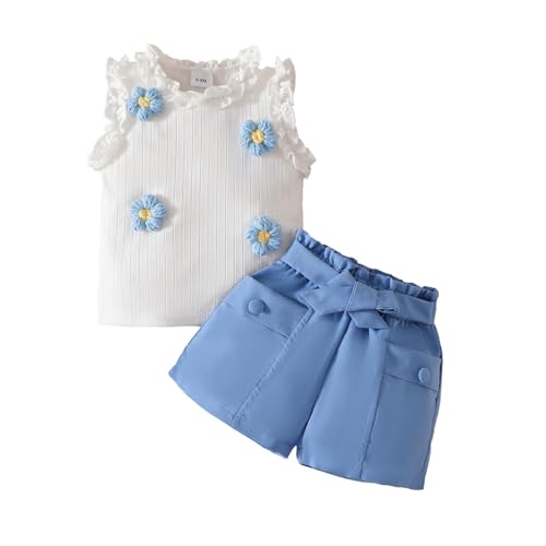 Summer Toddler Girls Ribbed Floral Vest Tops and Shorts Outfits Ruffle Sleeveless Two Piece Set