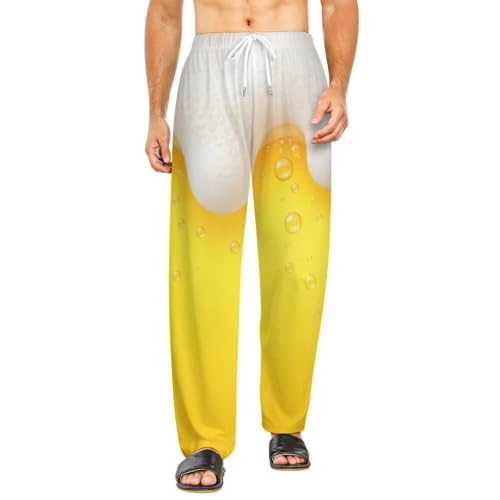 Unisex Realistic Beer Background with Flowting Foam And Bubbles Drawstring Pajama Pants, Absorbent Casual Sleepwear for Travel Trips, Premium Poly Spandex Printed Sleep Bottoms 5X-Large