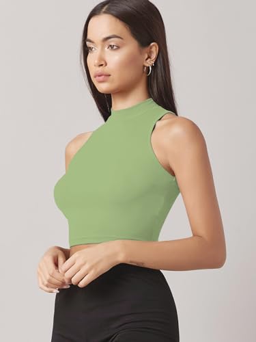 Image of Sugathari Women's & Girls' Solid Ribbed High Neck Sleeveless Crop Tops for Women (Top 37)