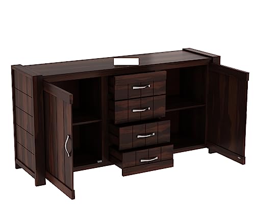 Image of Solid Sheesham Wood Wooden Sideboard Storage Cabinet & Chest of Drawer : Ideal for Living Room and Bedroom with 4 Drawers and 4-Shelf Storage (Chevalier, Walnut Finish)