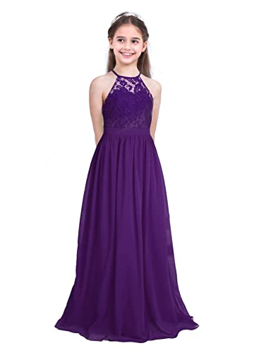 Sholeno Kids Princess Long Flower Girls Lace Dress Halter Neck Chiffon Formal Wedding Bridesmaid Party Gown Deep Purple 8 Years