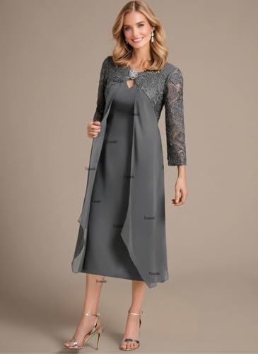 Scoop Tea Length Lace Chiffon Mother of The Bride Dress with Crystal Brooch Long Sleeve Formal Dress4