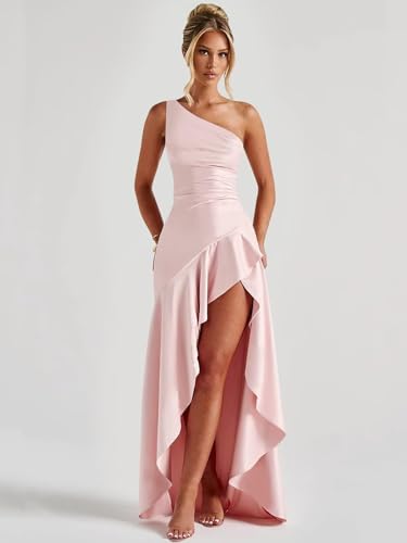 OFEECHUN Women's One Shoulder Satin Prom Dresses for Teens Mermaid Ruffle Long Evening Formal Gowns with Slit3