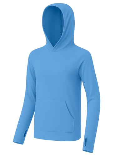 Boys Rash Guard Hoodie, Kids Long Sleeve Sun Protection Hooded Shirts Youth UPF50+ Swim Fishing Water Shirt with Pocket