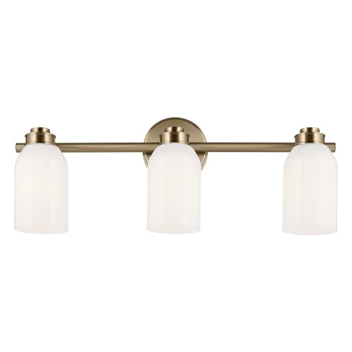 Image of Kichler Shae 3-Light Bathroom Vanity Light, Champagne Bronze | White opal glass vanity light for modern bathroom mirrors (24.25 inch x 9 inch), 55202CPZ