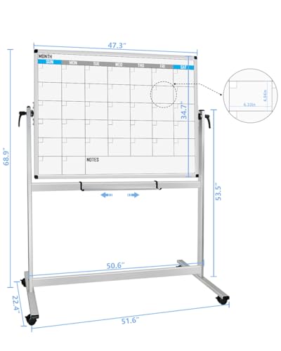 Image of XBoard Magnetic Mobile Whiteboard, Double Sided Magnetic Dry Erase White Board on Wheels, Large Portable Easel with Stand and Aluminium Frame for Home School Office (Calendar 48x36-Inch)