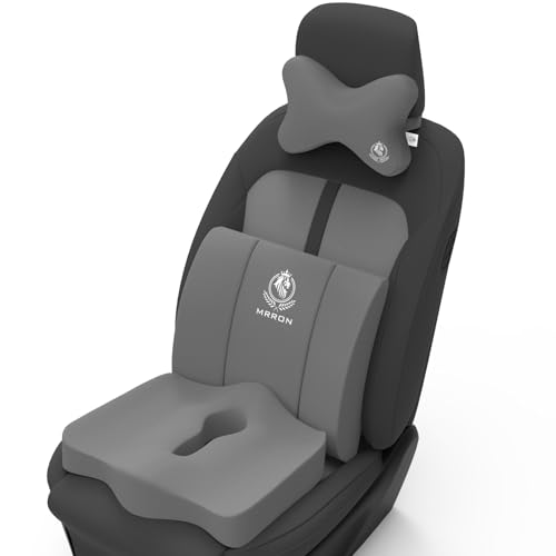 Image of MRRON Memory Foam Car Seat Cushion Combo - Backrest, Coccyx Cushion & Neckrest - Orthopedic Support for Back, Sciatica & Neck Pain - Ergonomic Comfort for Car, Office. (Grey, Lumbar)