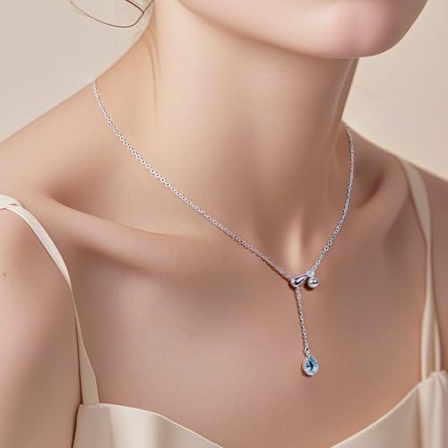 Tiny Silver Aquamarine Y Necklace Teardrop Blue Birthstone Necklace Adjustable Light Blue Gemstone Jewelry for Daily Outfit2
