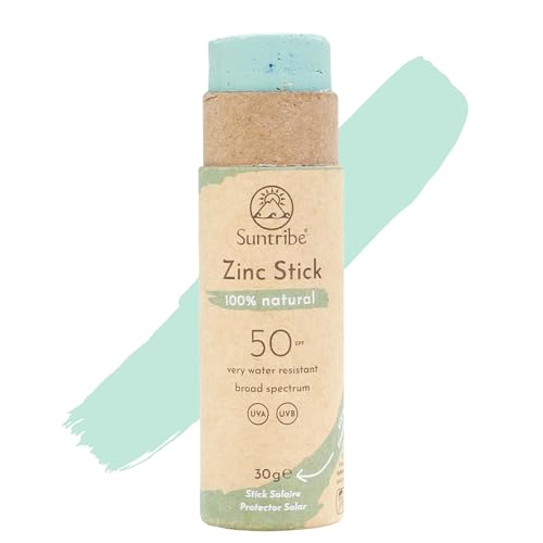 Stick Solar Mineral Zinc Natural FPS 50 Suntribe / 30 g, Verde Menta, Ecológico - 100 % Natural, Seguro para Arrecifes, Filtro UV Mineral - Muy Resistente al Agua - NUEVO
