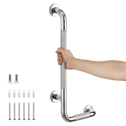 L-Shaped Grab Bars for Shower, 24x12 Inch Stainless Steel Grab Bars for Elderly for Wall Mount, Anti-Slip Knurled Grip Bathroom Safety Rail, Right