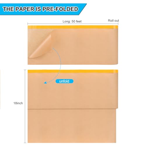 Image of 6 Pack Pre-Taped Masking Paper for Painting - 18 inch x 50 feet Tape and Drape Painters Paper, Paint Adhesive Protective Roll for Covering Skirting, Frames, Cars (6 Rolls) with ONE Dispenser