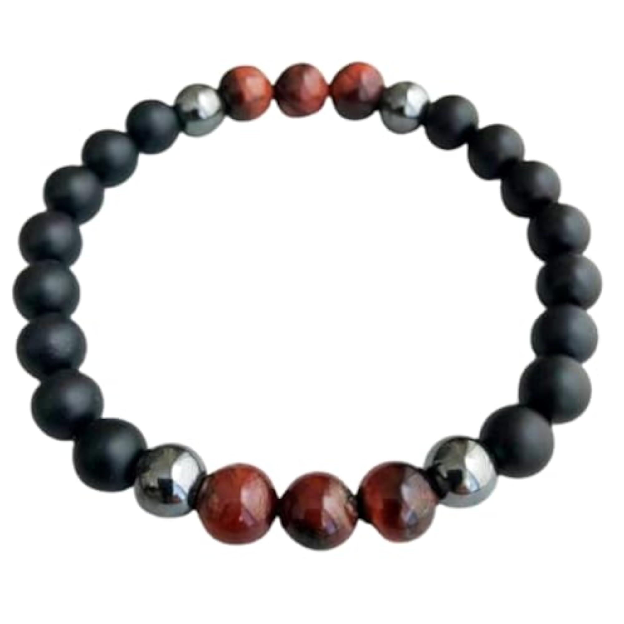 Natural Matte Onyx, Hematite & Red Tigers Eye 8mm Round Bead Stretchable Bracelet, Unisex