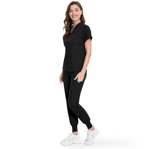 niaahinn Scrubs Top with V-Neck & Multifunctional Pocket Jogger Pants Scrub Suit Medical Uniform for Women (Balck, XS)