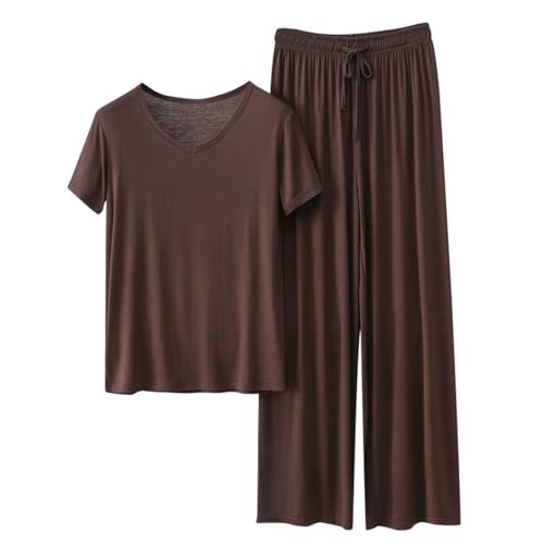 FGUUTYM Conjunto de cuello redondo para mujer, diseño fino, liso, manga larga, casual, talla grande, conjunto de dos piezas para mujer, pijama de satén para hombre, café, L