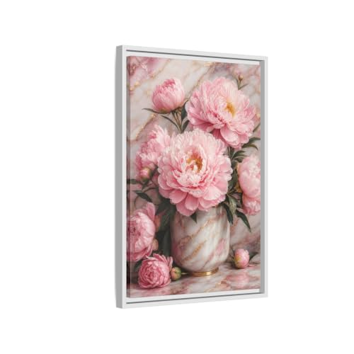 Toile pivoines roses détails dorés cadre blanc vertical