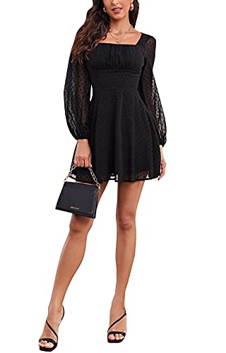 LYANER Women's Polka Dots Square Neck A line Long Sleeve Swiss Dots Mini Dress4