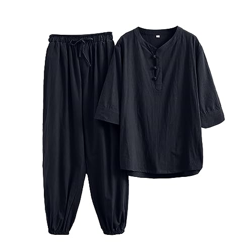 Men's Beach Clothes 2 Piece Outfits Sets Casual Short Sleeve Henley Shirt Yoga Loose Pants Summer Solid Linen Suit