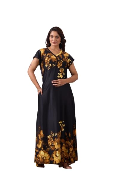 Women's Floral Maxi Dress, Black with Gold Pattern, V-Neck, Short Flutter Sleeves, Plus Size, Casual Long Gown-picture-20