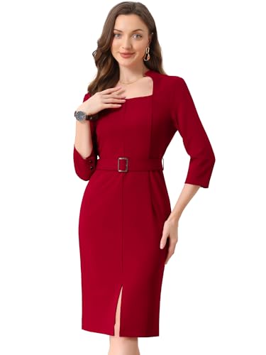 Allegra K Business Pencil Dress for Women's 3/4 Sleeve Office Dresses with Belt